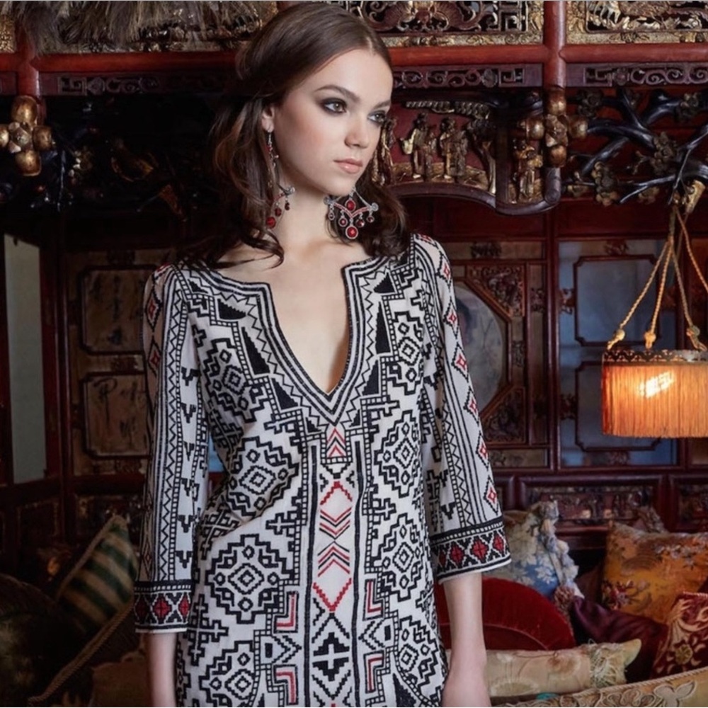 Alice + Olivia Lowell Embroidered Aztec Chiffon Tunic Dress  Small